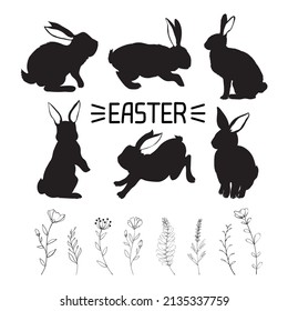 Rabbit and Hare Easter collection set - vector silhouette. Can be used as a stencil or template for festive decorations, postcards, shop windows, logos, etc.