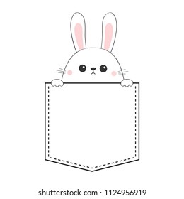 Rabbit hare face head icon sitting in the pocket. Holding paw hands. Contour line. Funny baby. Cute cartoon character. Love card. Kawaii animal. Flat design. White background. Vector illustration