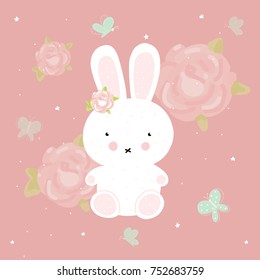 Rabbit hare flower background on pink background cartoon hand drawn vector illustration t-shirt print, kids wear fashion design, baby shower invitation card