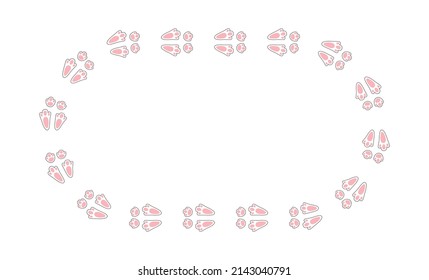 Rabbit or hare footprint trail. Easter bunny foot prints. Rabbit paw steps. Hare steps track on snow. Blank round frame template. Vector illustration isolated on white background in flat style.