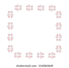 Rabbit or hare footprint trail. Easter bunny foot prints. Rabbit paw steps. Hare steps track on snow. Blank rectangle frame template. Vector illustration isolated on white background in flat style.