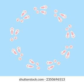 Rabbit or hare footprint trail. Easter bunny foot prints. Rabbit paw steps on snow. Hare steps track. Blank round frame template. Vector illustration isolated on blue background in flat style.