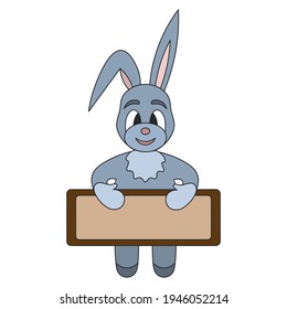 Rabbit. The hare is holding an empty poster in its paws. Place for your text. Colored vector illustration. Isolated white background. Cartoon style. The animal is carrying a festive banner. 