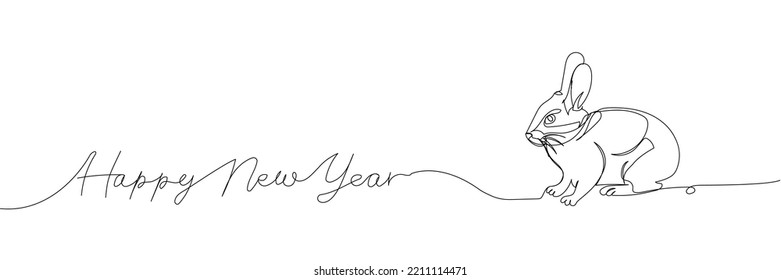 Rabbit, hare and inscription happy new year one line art. Continuous line drawing of new year holidays, christmas, congratulations, lettering, animal, zodiac, symbol of the year, festive atmosphere.