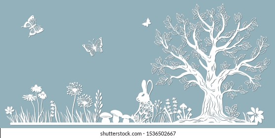 Rabbit. Hare in the meadow.Template for to cut with a laser from paper. Line with mushrooms, grass, and butterflies, wood and flowers. For decoration and design. Template for laser cutting and Plotter