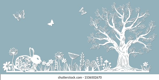 Rabbit. Hare in the meadow.Template for to cut with a laser from paper. Line with mushrooms, grass, and butterflies, wood and flowers. For decoration and design. Template for laser cutting and Plotter