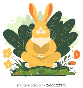 coelho, lebre, meditação, relaxamento, buddha, pose, sentar, grama, lótus, posição, natureza, vetor, desenho animado, ilustração, relaxar, estilo de vida, conceito, sentado, imprimir, isolado, gráfico, design, ioga, anim