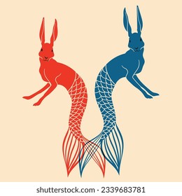 Rabbit, hare with a mermaid tail. Whimsical vector illustration. minimal, abstract contemporary style. Avatar, icon, poster, logo templates t-shirt design, print