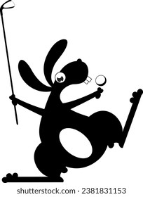 Rabbit or hare on the golf course. 
Golf course. Cute rabbit or hare hold a golf club and ball. Black and white illustration
