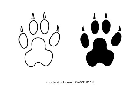 Rabbit or hare paw footprint. Silhouette, contour. Icon. Black vector isolated on white. Paw step print of fluffy bunny, hare or pika. Icon, symbol. Print, textile, postcard, booklet, pet store, zoo