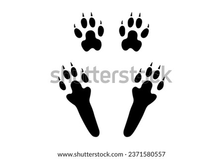 Rabbit or hare paw footprint. Silhouette of four paws, hind and front. Black vector isolated on white. Paw step print of fluffy bunny, hare or pika. Icon, symbol. Print, postcard, booklet, pet store
