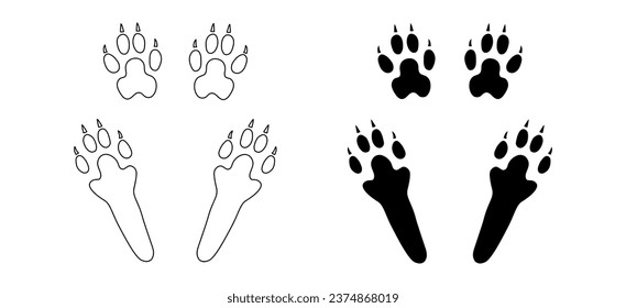 Rabbit or hare paw footprints. Silhouette and contour of four paws, hind and front. Black vector isolated. Paw step print of bunny, hare or pika. Icon, symbol. Print, textile, postcard, pet store, zoo