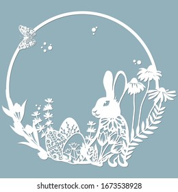 rabbit, hare in a round frame, with patterns, flowers, butterflies. Template for laser, plotter cutting, and screen printing. The pattern for the mirrors and panela.