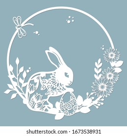 rabbit, hare in a round frame, with patterns, flowers, butterflies. Template for laser, plotter cutting, and screen printing. The pattern for the mirrors and panela.