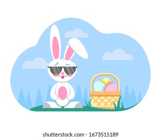 Rabbit or hare in sun glasses. Happy Easter greeting card with rabbit, basket with eggs for holiday banner, poster, flyer. Cool white bunny with basket with eggs. Vector illustration isolated on white