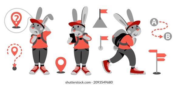 A rabbit or a hare tourist is puzzled by location problem, looking for a route in navigation application, going to goal, colored icons