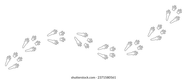 Rabbit or hare tracks in the snow. Path footprints of Rabbit, hare, bunny or pika. Rabbit paws. Hare steps. Contour. Vector isolated. Diagonal track. Pet shop, print, textile, game, postcard, zoo