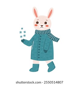 Rabbit, hare in warm clothes, coat, mittens, boots, scarf. Winter forest animal character or mascot. Vector illustration on transparent background for cards, scrapbooking, animation.