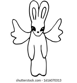 Rabbit or hare with wings, angel with black eyes, unusual space illustration. For adult coloring books, comics, computer games, design.  Drawn on a white background by a black lines, vector isolated.