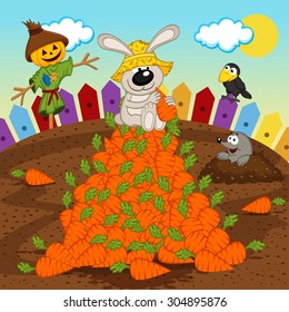 rabbit harvesting carrot - vector illustration, eps