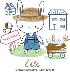 
Rabbit in the hat. Bird. Flowers. car. grass. cute. home