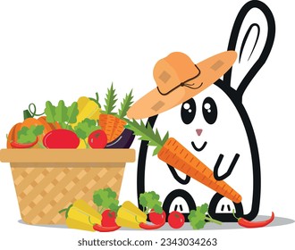 A rabbit in a hat with a carrot in his paws and a big basket full of vegetables.	