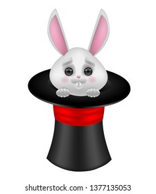 The Rabbit in The Hat, Cute Bunny, Magic Trick, Isolated on White Background, Cartoon Style, Character Hand Drawn Vector 3D Illustration