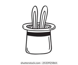 Conejo en ese garabato dibujado a mano icono. Truco mágico. Orejas de conejo mago de un sombrero. Conejo aislado del Vector del contorno en elemento del sombrero. . Ilustración vectorial