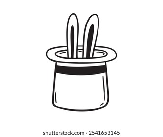 Conejo en ese garabato dibujado a mano icono. Truco mágico. Orejas de conejo mago de un sombrero. Conejo aislado del Vector del contorno en elemento del sombrero. . Ilustración vectorial