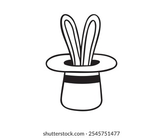 Conejo en ese garabato dibujado a mano icono. Truco mágico. Orejas de conejo mago de un sombrero. Conejo aislado del Vector del contorno en elemento del sombrero. . Ilustración vectorial