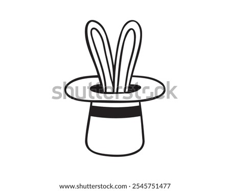 Rabbit in hat doodle hand drawn icon. Magic trick. Magician rabbit ears from a hat. Outline vector isolated rabbit in hat element. . Vector illustration