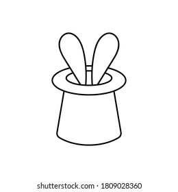 Rabbit in hat. Doodle magic icon isolated on white. Hand drawing line art for holloween, xmas etc. Sketch vector stock illustration. EPS 10