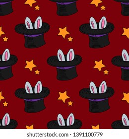 Rabbit in hat hand drawn doodle vector seamless pattern