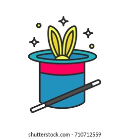 Rabbit in hat and magic wand color icon. Magic trick. Isolated vector illustration