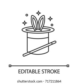 Rabbit in hat and magic wand linear icon. Thin line illustration. Magic trick. Contour symbol. Vector isolated outline drawing. Editable stroke