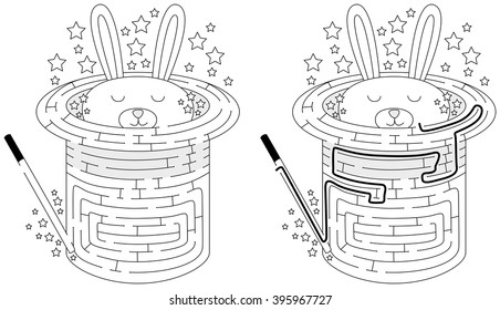 Rabbit in hat maze for kids with a solution in black and white