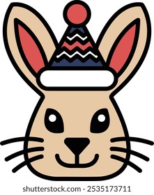 A rabbit with a hat on its head. The hat is red, blue, and white. The rabbit is smiling