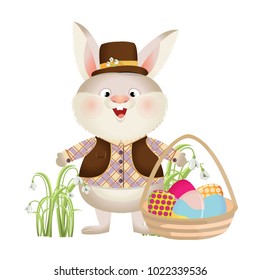 Rabbit in a hat and suit is a basket of painted easter eggs. Easter. Vector character and landscape.