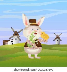 Rabbit in a hat and suit holds a bouquet of white flowers of snowdrops and a small yellow chicken. Green field with windmills, sky and clouds. Easter. Vector character and landscape.