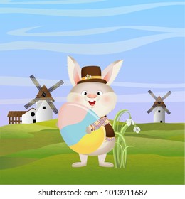 Rabbit in a hat and suit holds a large painted Easter egg. Green field with windmills, sky and clouds. Easter. Vector character and landscape.