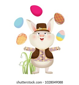 Rabbit in a hat and suit juggles with painted Easter eggs. Easter. Vector character