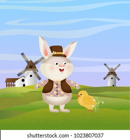 A rabbit in a hat and suit sits looking at a little yellow chicken. Green field with windmills, sky and clouds. Easter. Vector character and landscape.