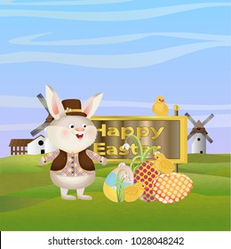 A rabbit in a hat and suit sits looking at a little yellow chicken. Wooden and gold table with inscription Happy Easter, sitting on it small yellow chickens. Easter. Vector illustration and landscape