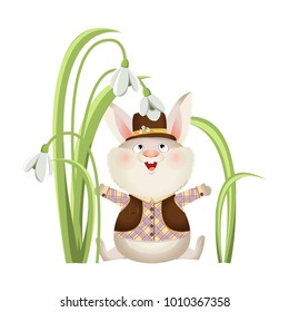 A rabbit in a hat and suit sits under the big white flowers with snowdrops and looks at them, raising his head. Easter. Vector character