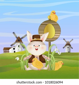 A rabbit in a hat and suit with small yellow chicks sits near a wooden pointer with a picture of a golden Easter egg. Green field with windmills, sky and clouds. Easter. Vector character and landscape