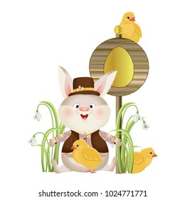 A rabbit in a hat and suit with small yellow chicks sits near a wooden pointer with a picture of a golden Easter egg. Easter. Vector character