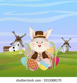 Rabbit in a hat and suit stands in a large pile of painted Easter eggs. Green field with windmills, sky and clouds. Easter. Vector character and landscape.