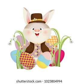 Rabbit in a hat and suit stands in a large pile of painted Easter eggs. Easter. Vector character and landscape.