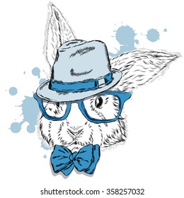 The rabbit in the hat . Vector animal. Hipster. Fashion & Style. Vector illustration for a greeting card, poster, or print on clothes.
