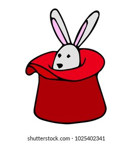 Rabbit in the hat vector illustration. Doodle style. Design, print, logo, decor, textile, paper